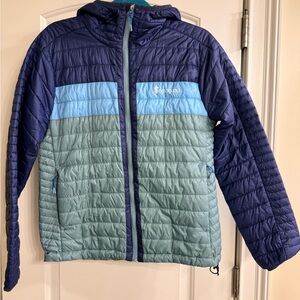 Cotopaxi Fuego Hooded Down Jacket – Women’s Medium – Blue & Green Colorblock